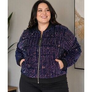 In’Voland Sequin Long Sleeve Lined Zip Front Jacket Pink/Black/Blue Size 20W